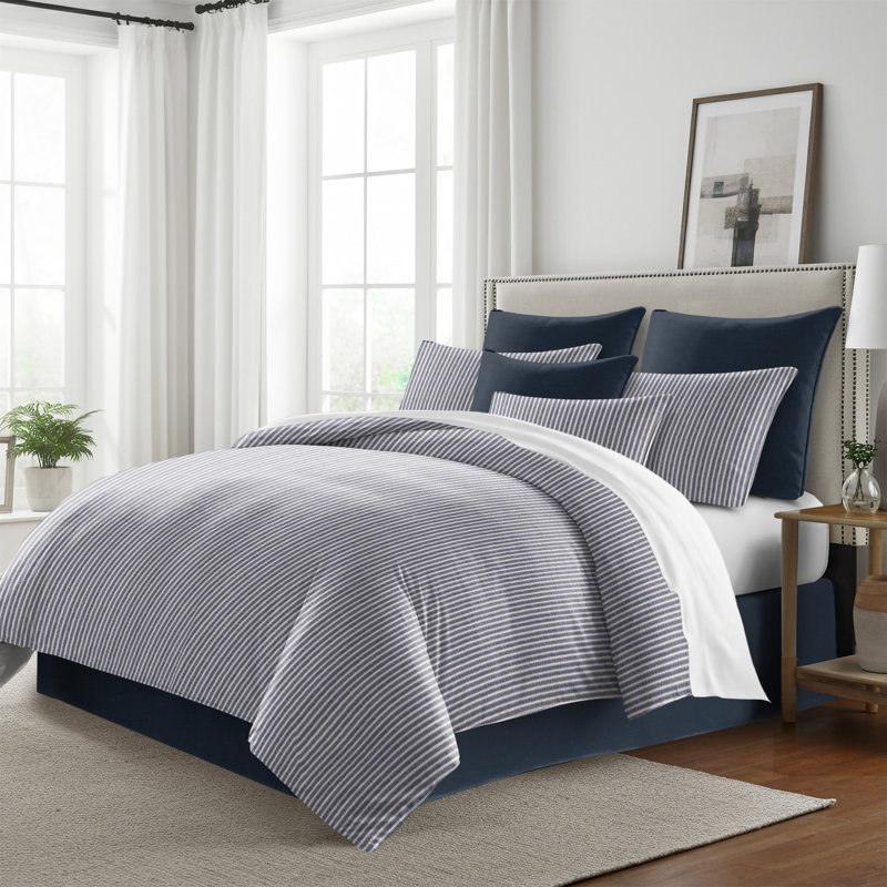 Walker Ticking Stripe Indigo/Ivory Cotton Comforter Set, Super King Comforter + 2 King Shams