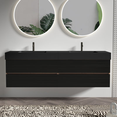 Meuble-lavabo 72 po avec lavabo en quartz d'ingénierie noir mat, tiroirs souples, conception flottante murale, lavabos doubles, quatre grilles uniques, épissure en noyer, panneaux de qualité E1, finition E0, poignée dissimulée,