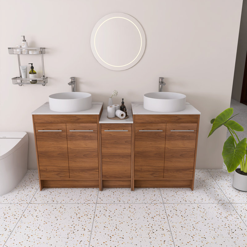 Ensemble de meuble-lavabo double autoportant 60 po avec plateau en céramique Bulmere, Tambour