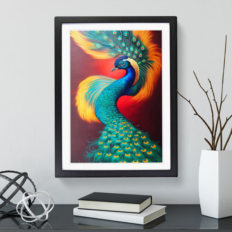 Bold Peacock Art No.2 - Print, 66cm H x 48cm W x 2cm D, Black Framed, White