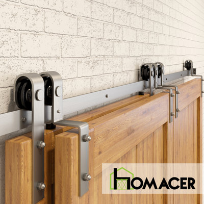 Homacer Brushed Nickel Single Track Bypass Sliding Barn Door Hardware Kit, For Three Doors, 4Ft Long Flat Track, Classic Design Roller,  (2 Bent+ 1 Flat Roller Set)