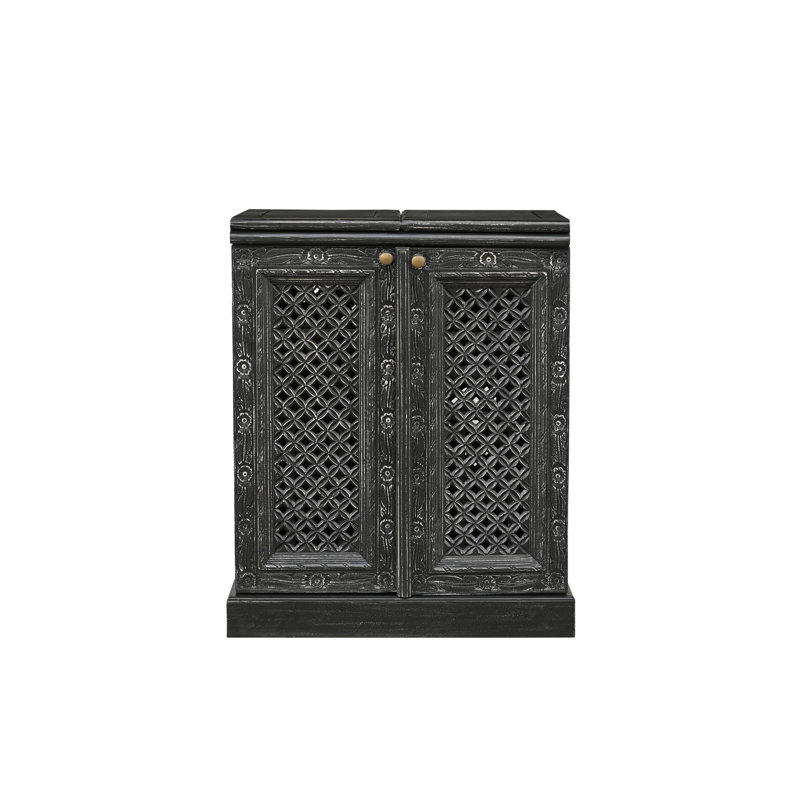 Bar extensible en bois massif avec verres à pied et rangement pour bouteilles, Black