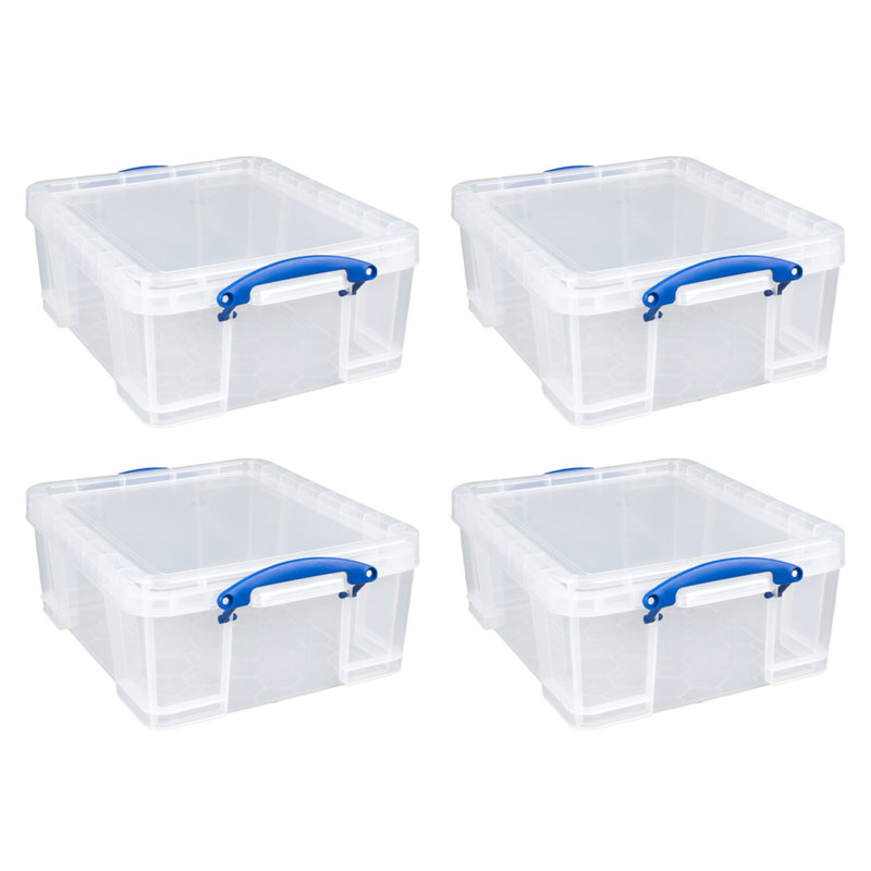 Really Useful Box Plastic Storage Container w/Snap Lid & Clip Lock Handles, 4-Pack