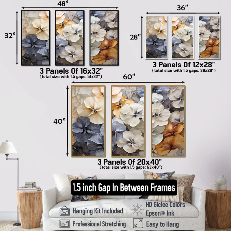 «Blue and Gold Minimalisme Pansy Delight I», ensemble d'impressions d'art mural, H 40 po x l 60 po x P 1 po