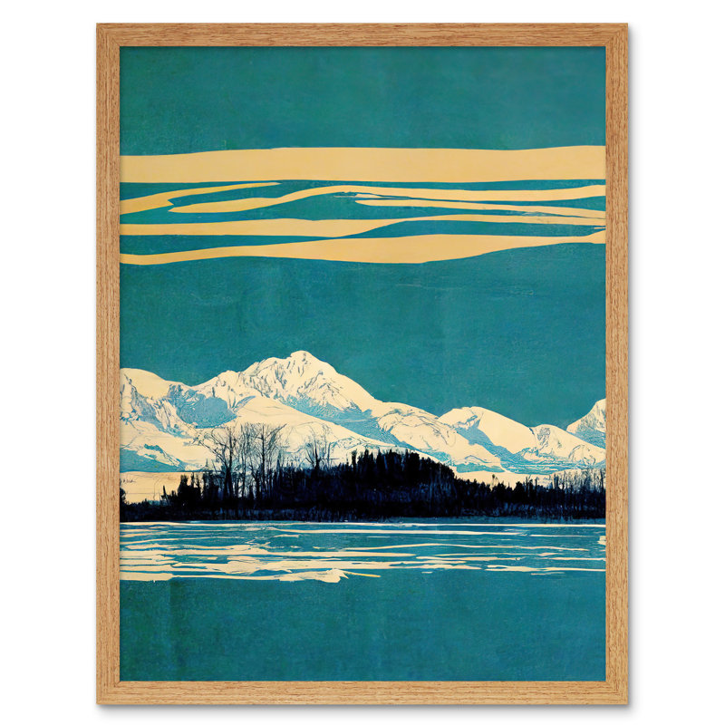 Winter Lakeside Landscape Snowy Mountains - Print, 43cm H x 33cm W, Light Brown Framed Paper