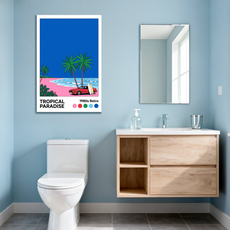 Paysage et nature, paradis tropical, voiture de plage, palmiers, palette de couleurs de style rétro, H 40 po x l 28 po
