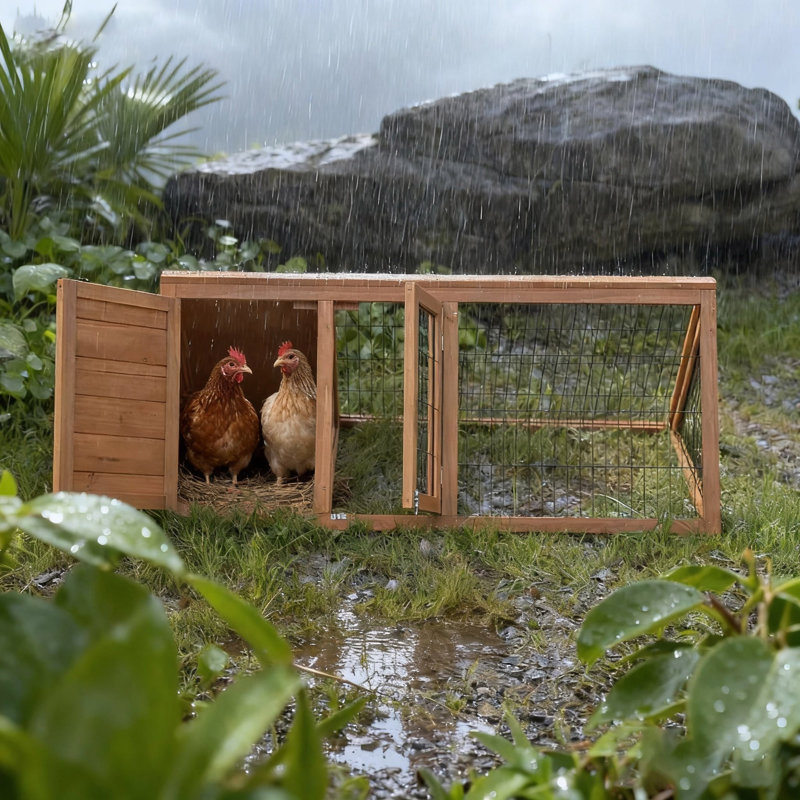 Wooden Small Triangular Chicken Coop With Resting Area & Wire Mesh Activity Zone