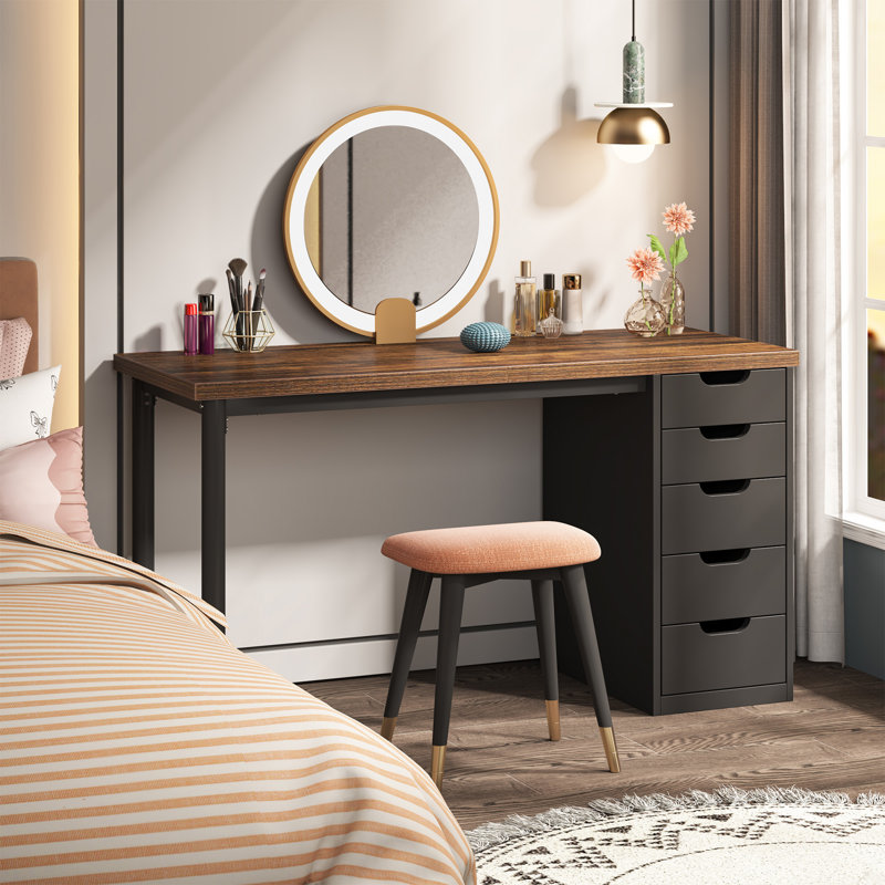47 inches Vanity Desk with 5 Drawers, Brown/Black
