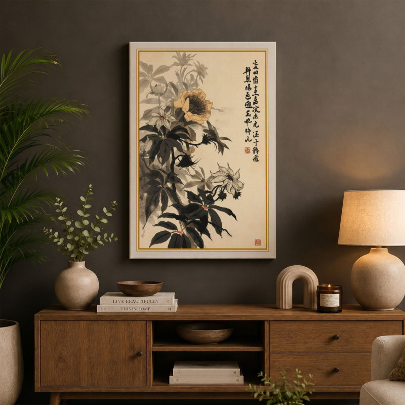 Contemplative Sunflower Japandi - Wrapped Canvas, 36x24 - 91.4 x 61.0 cm, Sage Border