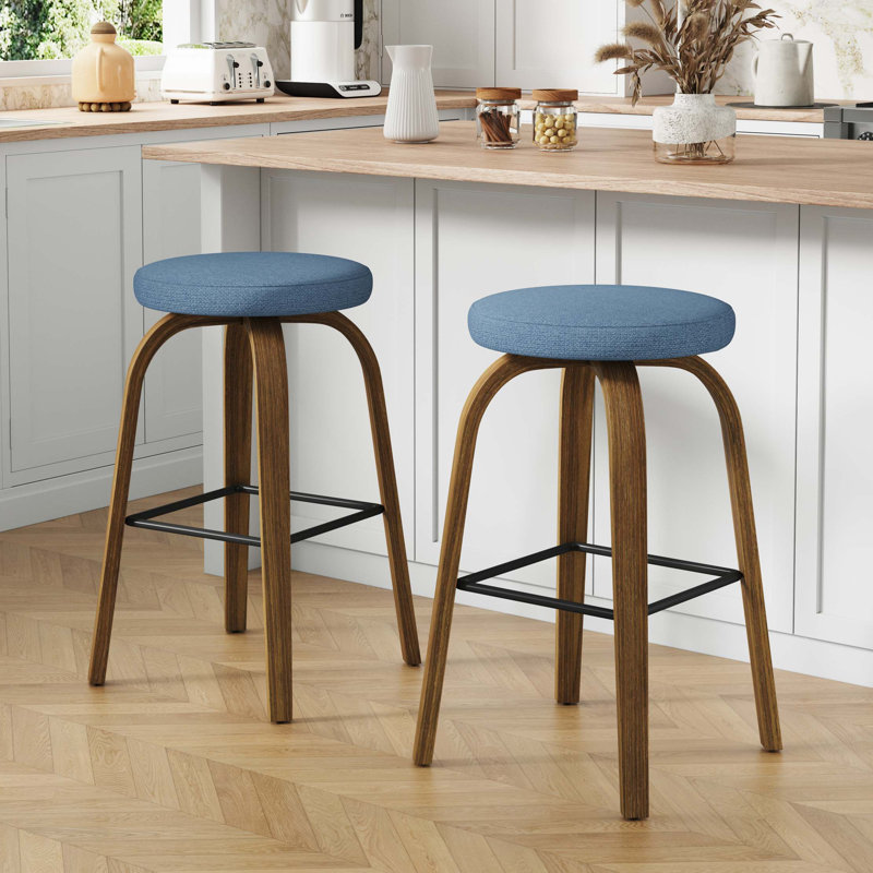 Ensemble de 2 tabourets de bar pivotants Mid-Century, Siège bleu / structure en noyer, Bar Stool (29.72" Seat Height)