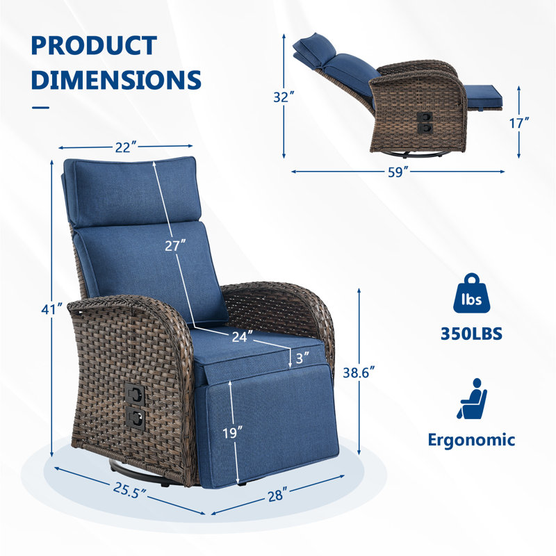 Arcturus Patio Recliner Swivel Chair With Adjustable Backrest & Footrest, All-Weather Outdoor Chaise Lounge Chair, Blue, 2