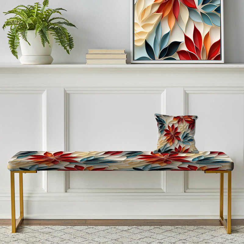 Mosaïque florale zen rouge et bleue - Banc rembourré botanique doré