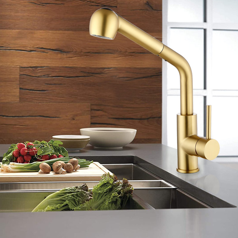 Robinet de cuisine à poignée simple avec douchette latérale Werfy, Or brossé