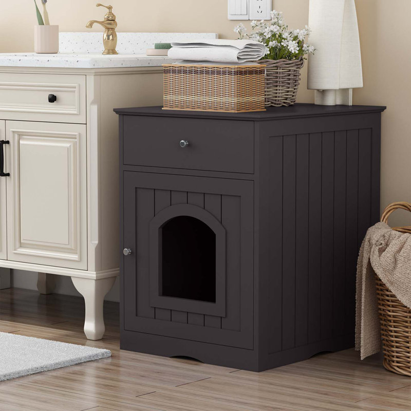 Brown MDF Cat Litter Box Enclosure Side Table with Drawer