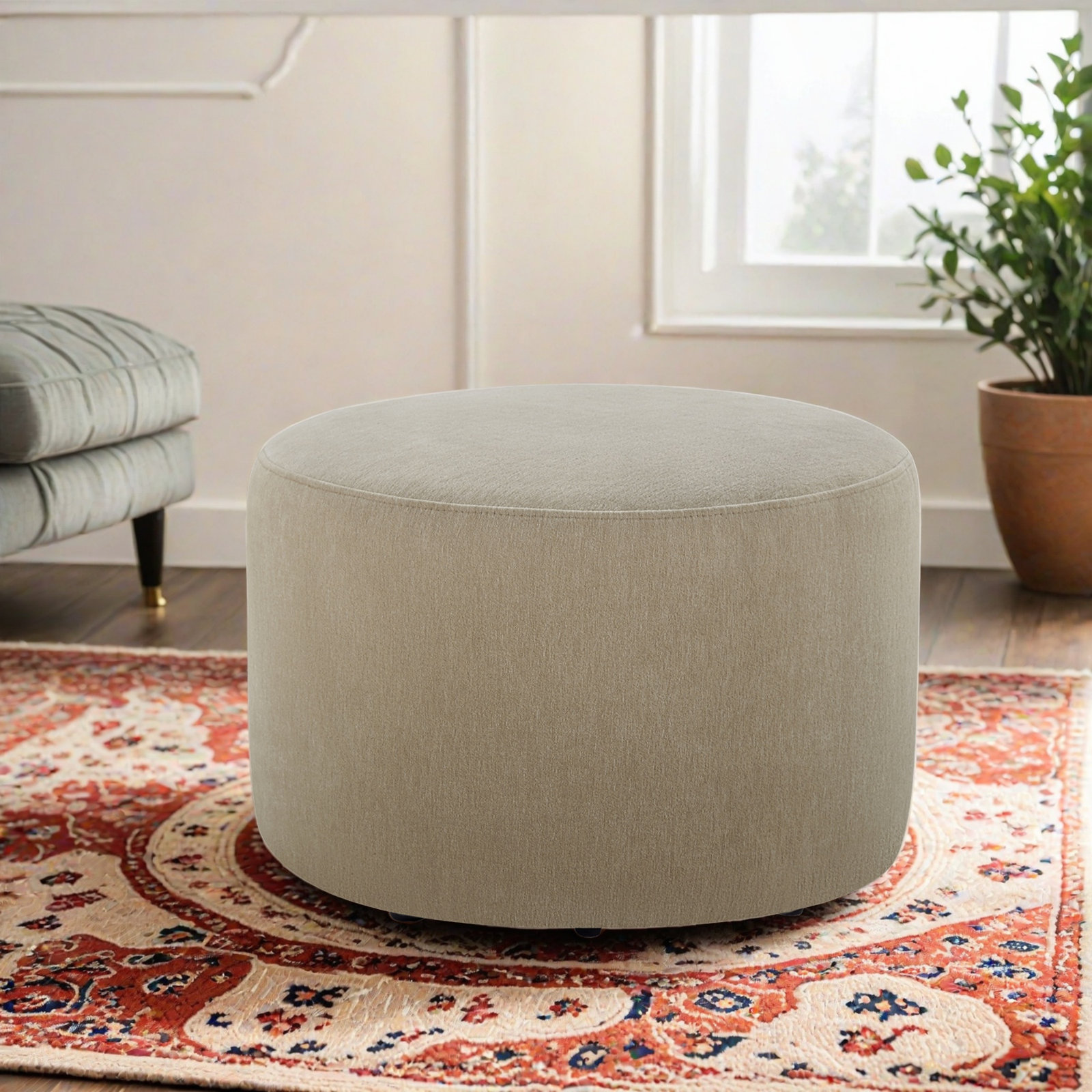Danva 24" Genuine Leather Ottoman, Capri Wicker Performance Chenille