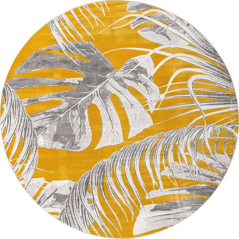 Tapis champêtre et floral de couleur or et beige, Rond 10 pi
