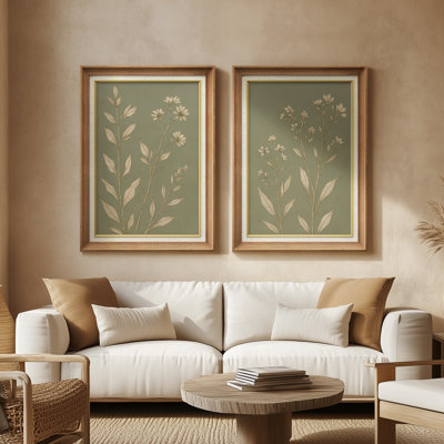Green Botanical Line Floral Minimal Natural - Set of 2 Premium Framed Wall Art Print on Paper 26"x36"
