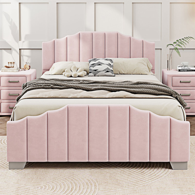 Velvet Upholstered Platform Bed, Full / Double, Pink