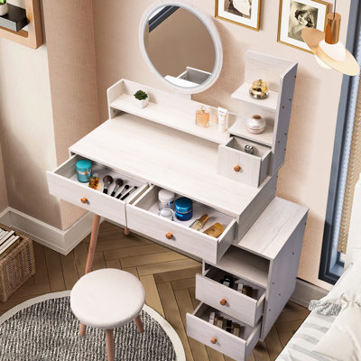 Vanity Desk With Touch Control Mirror & Stool - Large Capacity Storage  L31.5"-43.2"X W15.8" X H48.1" Table Cushioned Ample Storage, Stylish Design