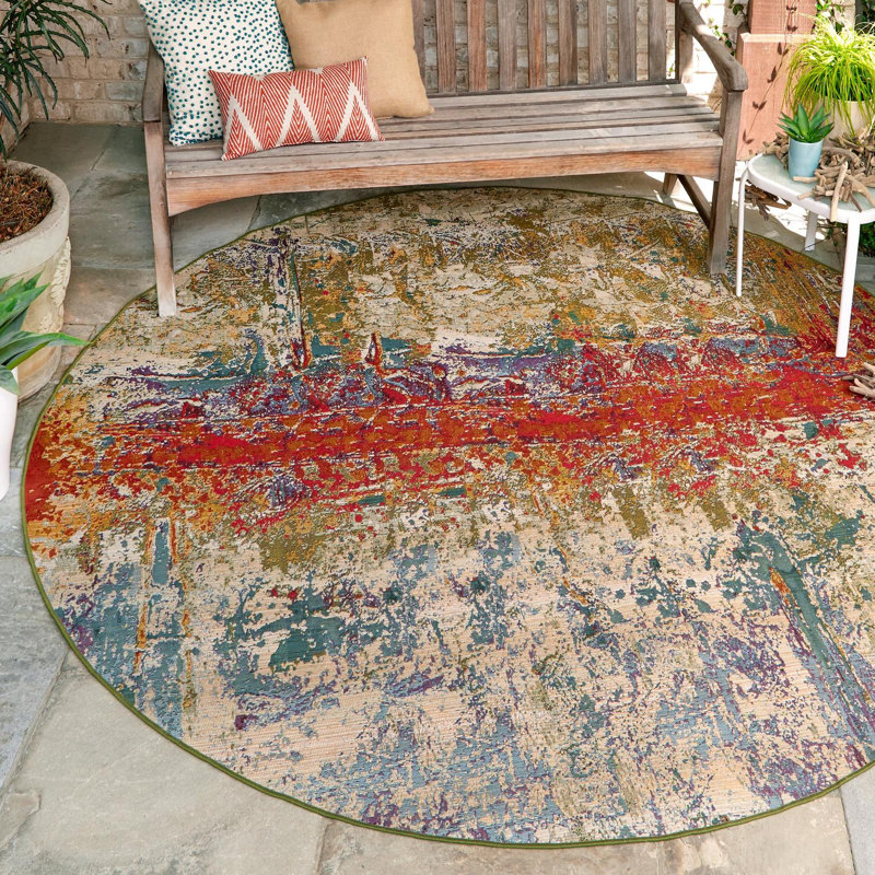 Tapis d'intérieur / extérieur multicolore à motif abstrait Trona, Rond 8 pi