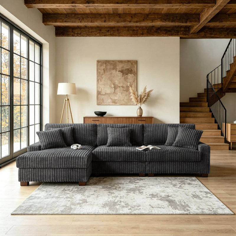 3 - Piece Upholstered Gray Faux Rabbit Fur Flannel Modular Sectional Sofa with Armrests & Throw Pillows