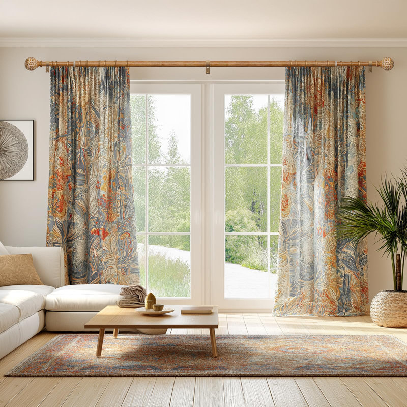 Tringles à rideaux en bois pour fenêtres de 48 à 84 pouces, tringles à rideaux de 1 po de diamètre avec faîteaux imitation bois à motif de feuille de grain, ensemble de tringles à rideaux robustes réglables Boho, 36 à 88 po, couleur: bois naturel