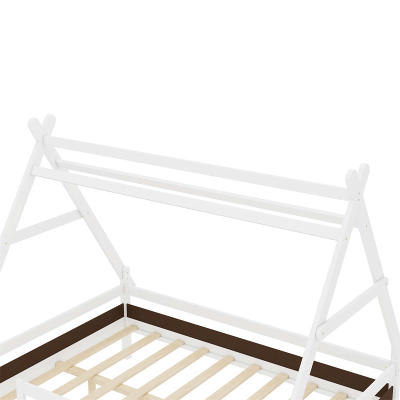 Lit plateforme double avec escalier, structure de lit simple en bois massif, profil bas et design amusant enfantin, blanc