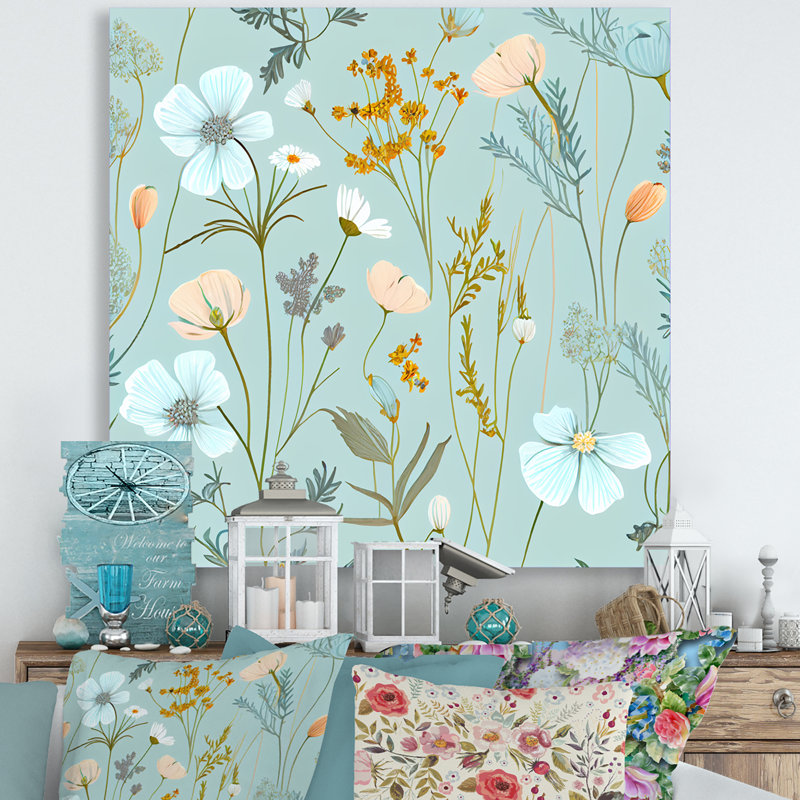«Blossoming Pastel Wildflowers on Light Blue II», reproduction sur toile, L 16 po x H 16 po, Toile tendue