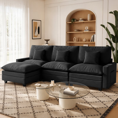 108" W L-Shaped Sectional Modular Sofa with Reversible Ottoman