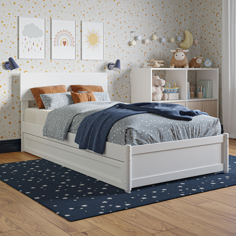 Lit plateforme en bois massif avec lit gigogne Lamecia, Simple, Blanc