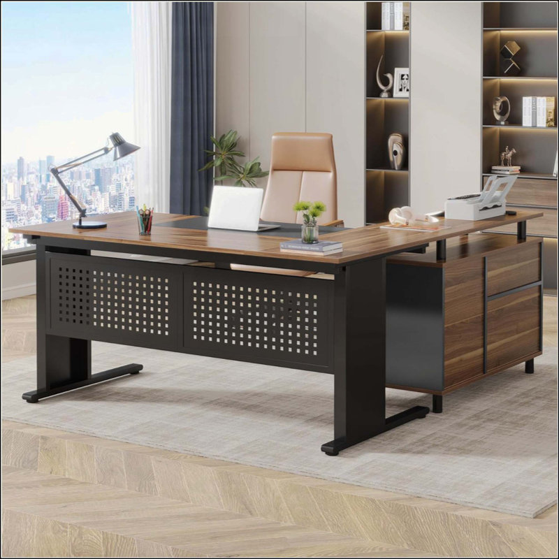 Bureau de direction en L avec classeur, grand bureau moderne avec tiroirs, tablettes et rangement, poste de travail d'ordinateur de coin pour bureau à domicile, bureau d'affaires