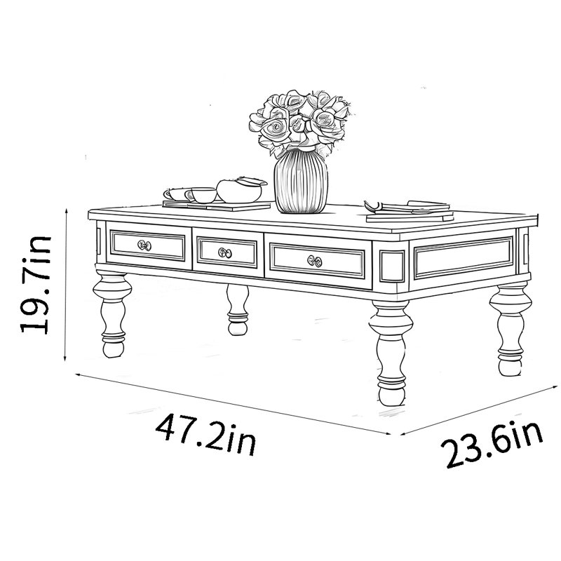 American retro old coffee table, 19.7" H x 47.2" L x 23.6" W