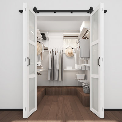 Glass Bifold Barn Door- 3 Lite Frosted Glass Prefinished Bi-Fold Closet Door With Hardware Kit, Assembly required