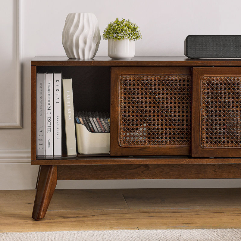 Meuble télé 59 po Mid-Century Rattan Modern, Espresso