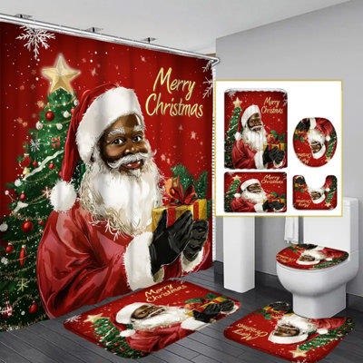 4Pcs Christmas Shower Curtain Set, Black Santa Shower Curtain, Red Shower Curtain, Christmas Tree Shower Curtain, Shower Curtain Waterproof Fabric Bathroom Decoration Curtain With 12 Hooks, Non-Slip Bathroom Mat Toilet Mat Set, Bath Mat, Toilet Seat Mat,