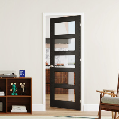 Porte intérieure française pré-montée double en verre transparent de style moderne 5 Lite, cadre réglable, bois massif noir et bois manufacturé avec cadre et poignée (ensemble de 2)