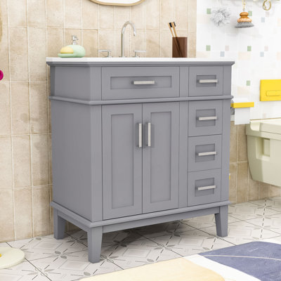 Compact 30" Bathroom Vanity with Ceramic Basin, Dual Drawers and Two Soft-Close Doors