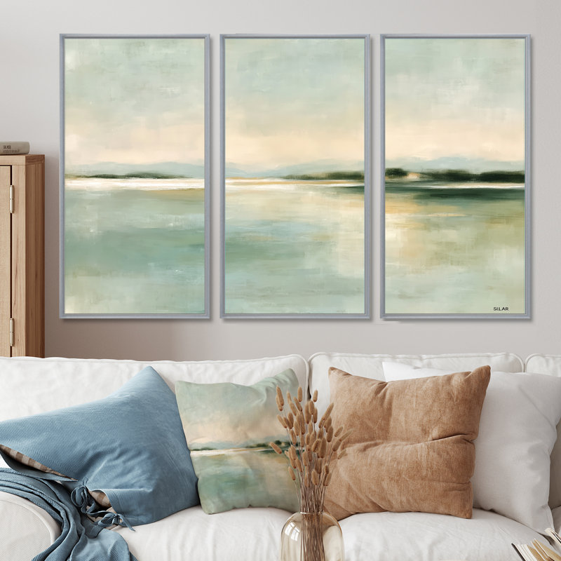 Vert et jaune matin rosée du lac Alice - ensemble d'art mural Vancouver, H 40 po x l 60 po, Reproduction avec cadre flottant