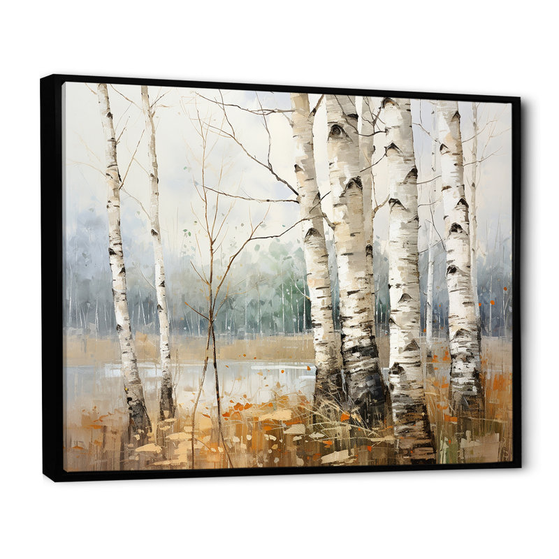 Minimalisme, arbre, bouleaux, souffle sur toile, Cadre flottant noir, H 30 po x l 40 po x P 1,5 po