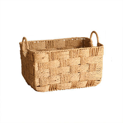 Handwoven Storage Basket with Handles Woven Organizer Bin for Clothes Books Toys Sundries Desktop Shelf Home Decor Minimalists Style