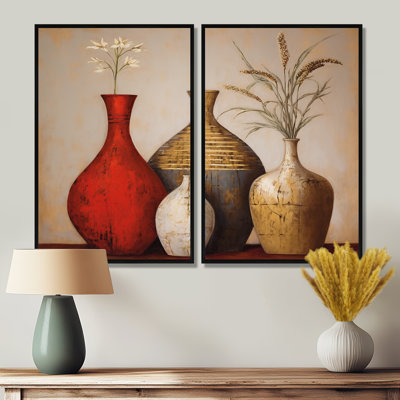 Cottage Vases rouges fleurs de blé séchées I - Boho Pottery, grandes impressions sur toile