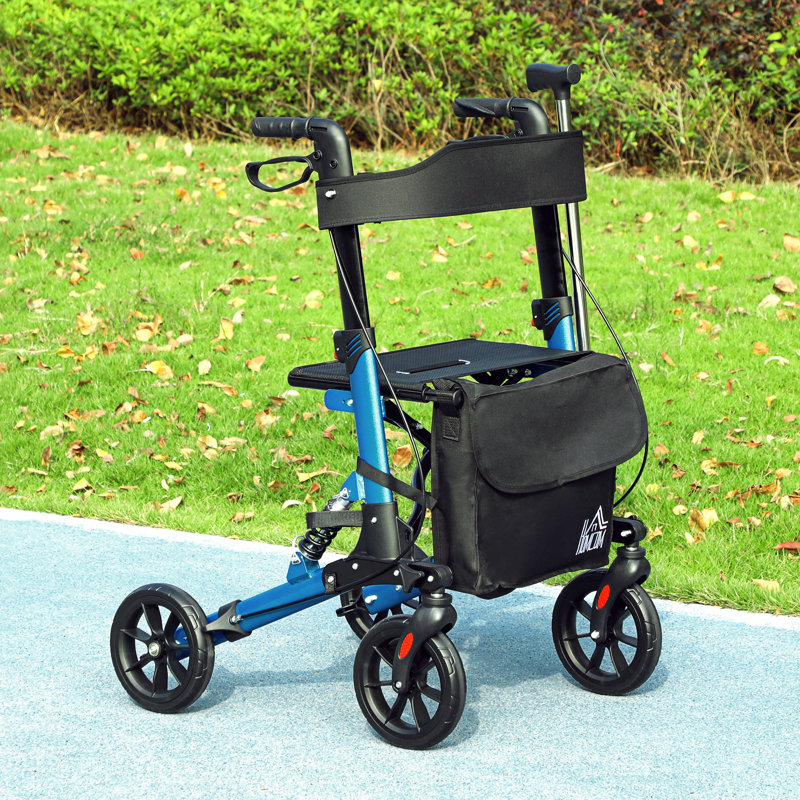 HOMCOM Folding Rollator Walker with Seat Backrest Bag 4 Wheels, Blue