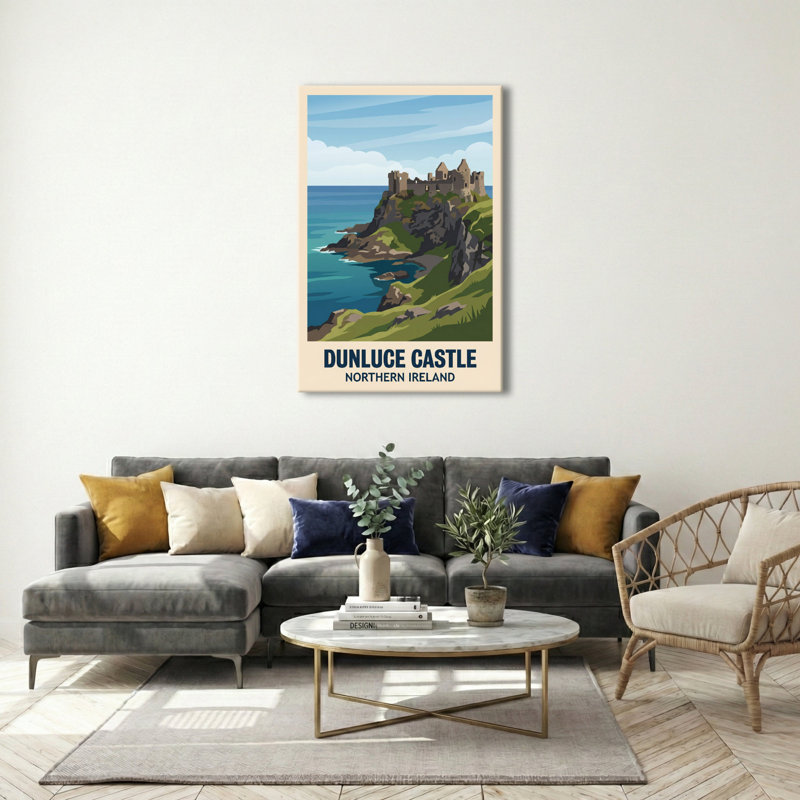 Dunluce Castle, Northern Ireland - Romantic Coastal Castle Travel Poster. Giclee Print On Wrapped Canvas. Wall Art, Home Decor - Castles & Palaces, Northern Ireland - Wrapped Canvas Print