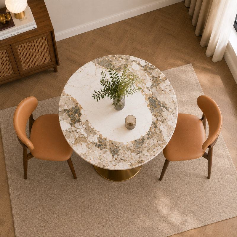 3-Piece Modern Bistro Dining Set, 33.5" Round Sintered Stone Table with Fluted Rubber Wood Pedestal Base and 2 Upholstered Dining Chairs for Small Spaces