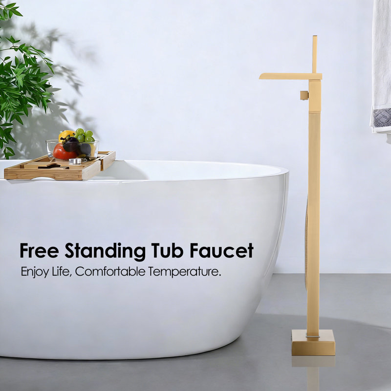 High Flow Waterfall Bath Shower Faucet,Freestanding Bathtub Faucet With Hand Shower, Gold