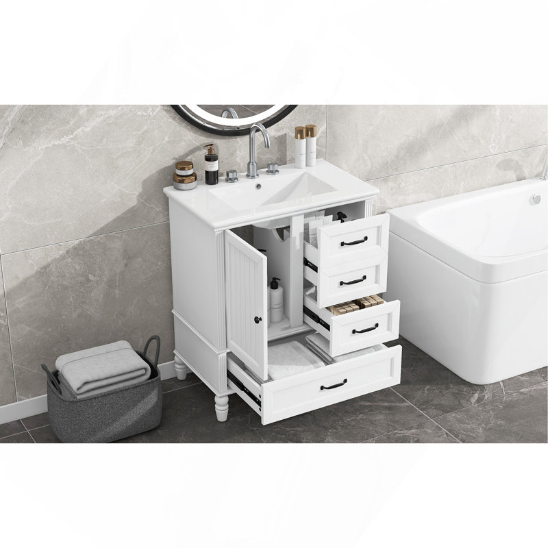 Meuble-lavabo 30 po avec lavabo, armoire de salle de bain avec porte, trois tiroirs, pieds en bois massif et panneau de fibres à densité moyenne, patins réglables, blanc