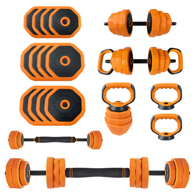 Adjustable 4-in-1 Dumbbell Set for Home Gym – Converts to Dumbbells, Kettlebell, Barbell, Push-Up Stands – Full Body Strength Training Equipment for Men & Women, Orange, 44LBS