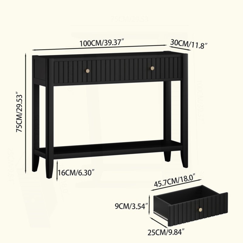Console étroite en bois avec tiroirs et tablette de rangement, parfaite pour le vestibule, le couloir et le décor de salon en noir