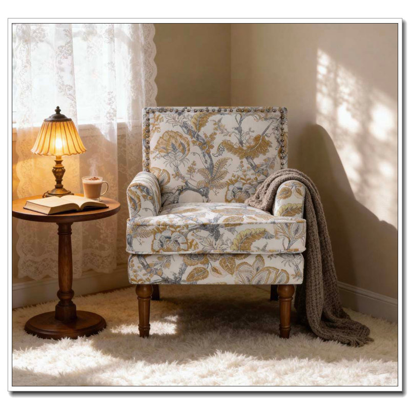 Chaise d'appoint, revêtement floral, garniture cloutée, pieds en bois massif, Earthy Yellow