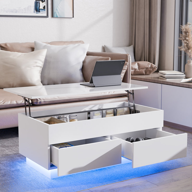 Lift Top Coffee Table With 2 Drawers & Smart LED Light, White